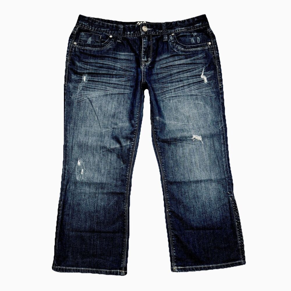 Madison Split Crop Jeans 13/14 (34x23.5) Dark Wash Blue Distressed Denim Juniors